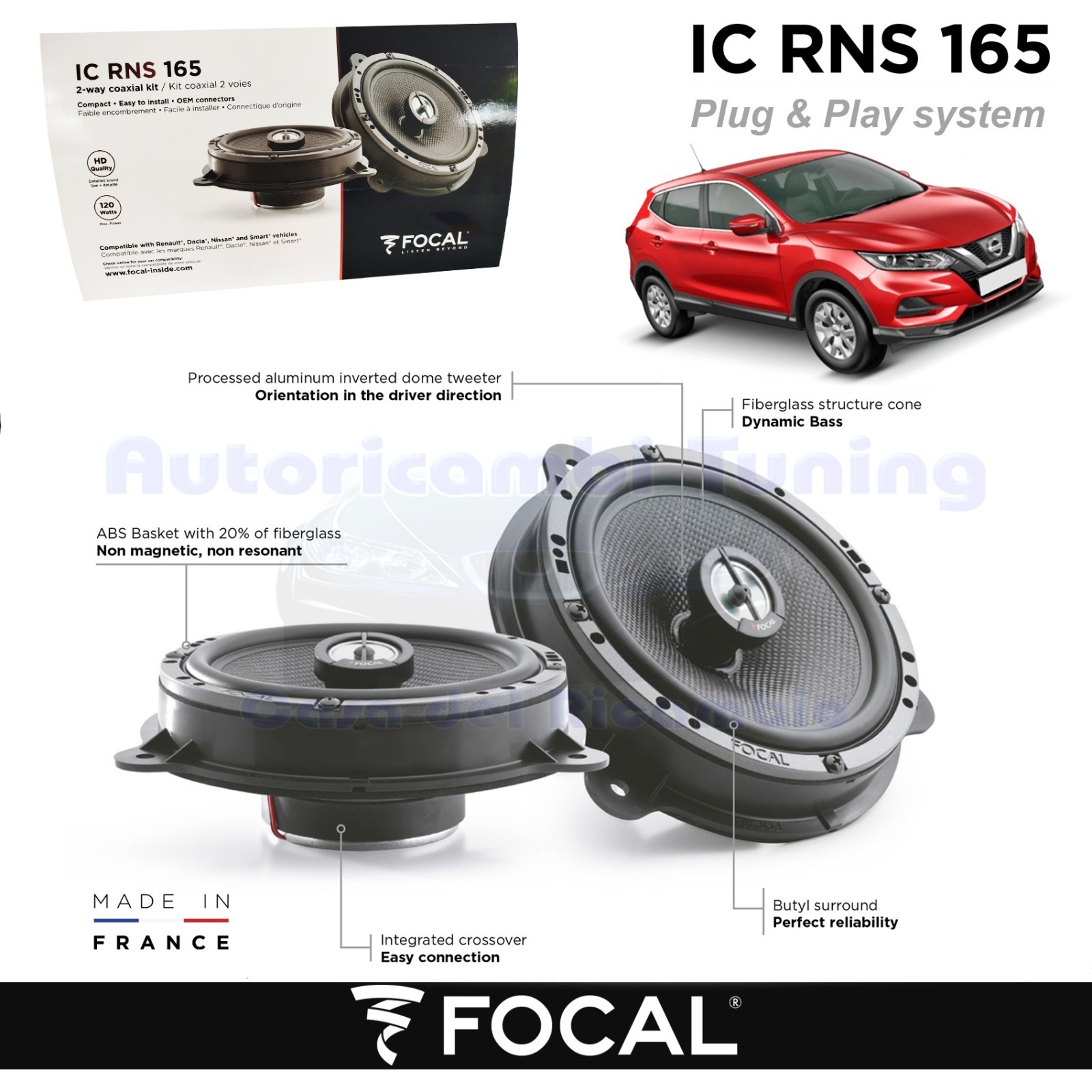 Casse Altoparlanti Posteriori FOCAL plug e play IC RNS 165 per NISSAN QASHQAI