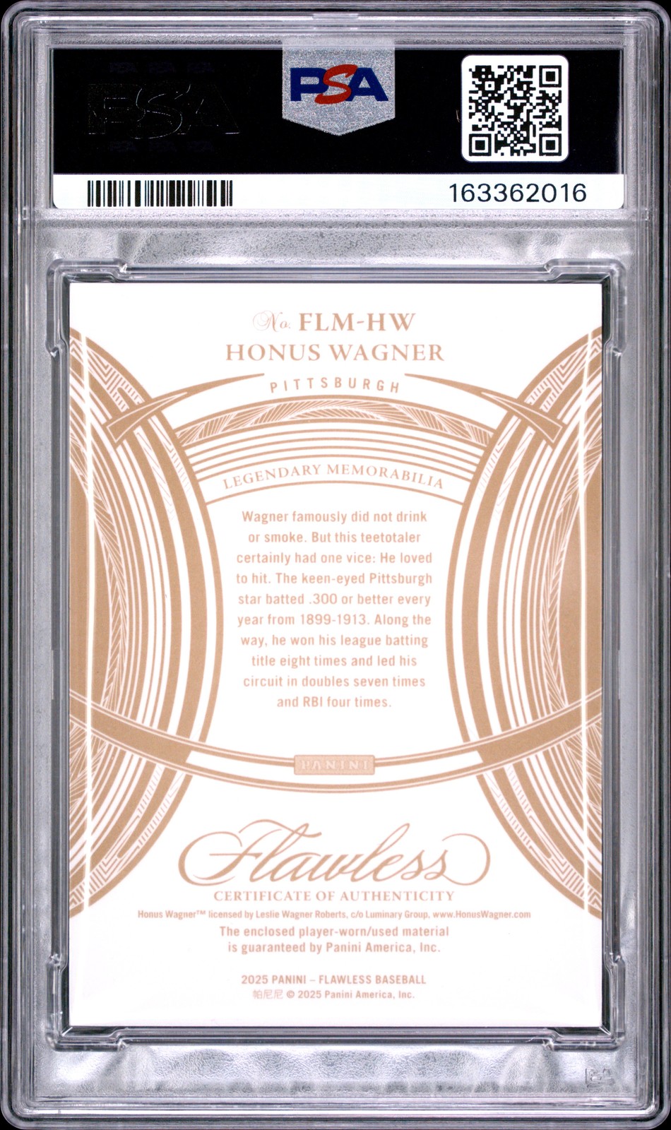 2025 PANINI FLAWLESS FLAWLESS LEGENDARY MEMORABILIA HONUS WAGNER 1/1 PSA 8 view 2