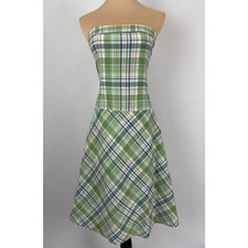 VTG Strapless Green Blue Plaid Cotton Midi Dress Retro Garden Preppy Americana S