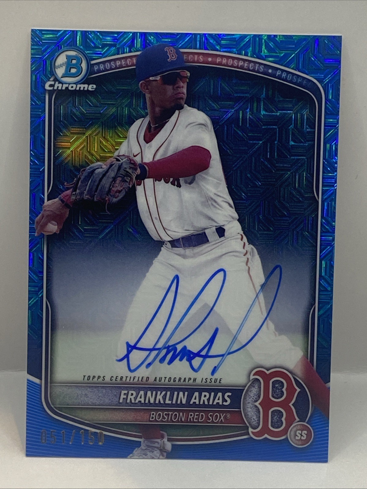 2025 Bowman Franklin Arias Chrome Auto Mega Box Blue Refractor #51/150 Rookie SP