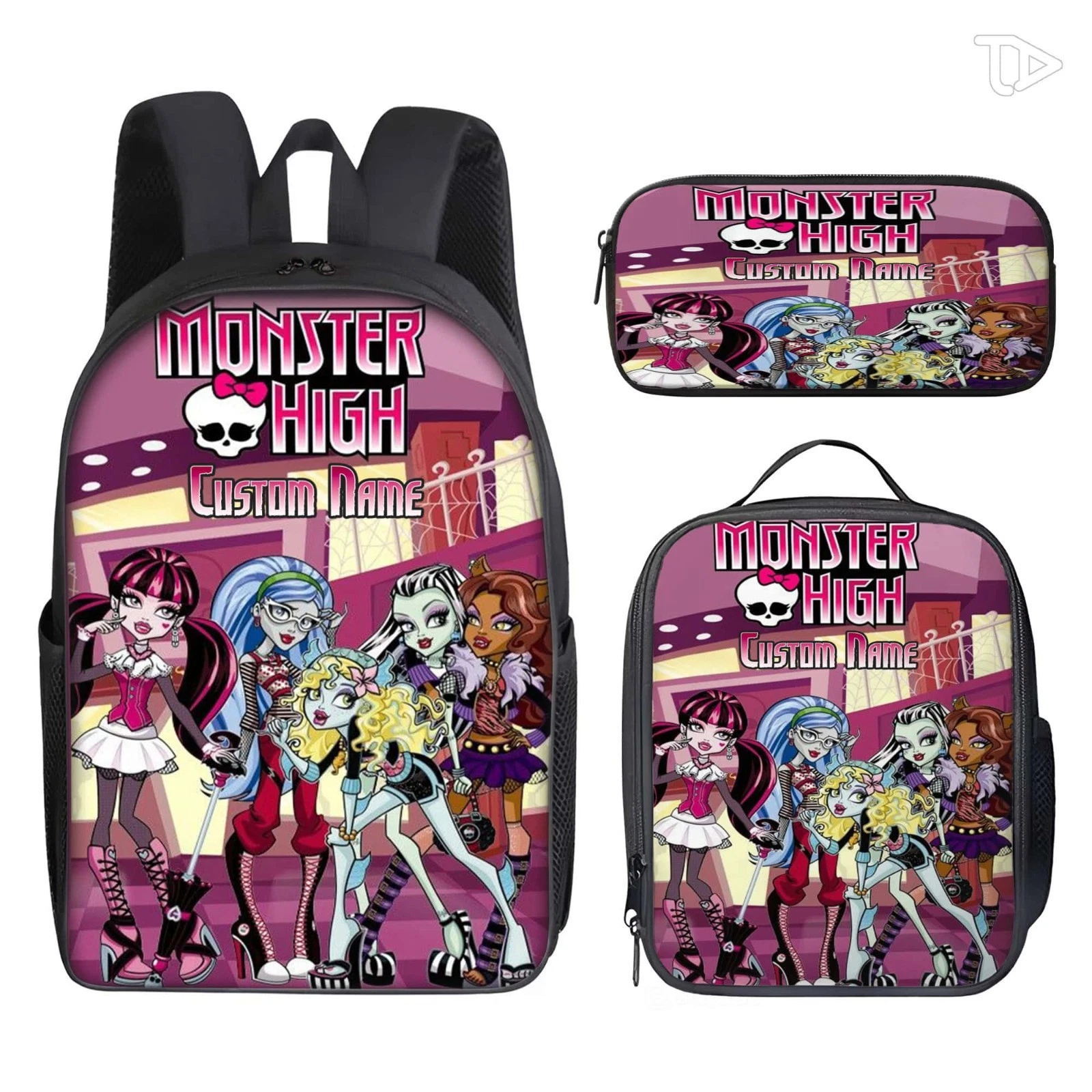 Personalized Pink Goth Monster Doll Backpack Lunch Bag Pencil Case Set Custom