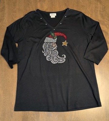 Large Top Shirt Rhinestone Embellished Jolly Christmas Candy Cane SANTA CLAUS 