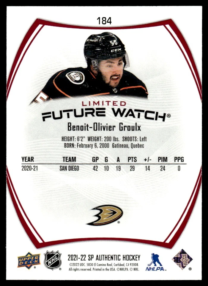 2021-22 SP Authentic Future Watch RED  Benoit-Olivier Groulx Anaheim Ducks #184 - Image 2 of 2