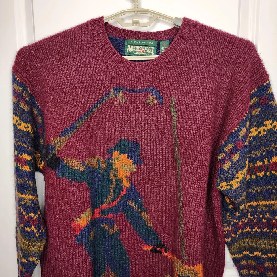Suéter De Colección American Eagle Outfitters Para Hombres XL Borgoña Lana Pescador Años 90 Foto 3 de 4