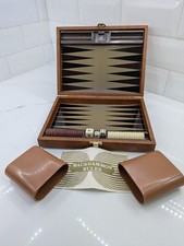 VTG Travel Magnetic Backgammon Set Brown Faux Leather Hard Case Brass Hardware