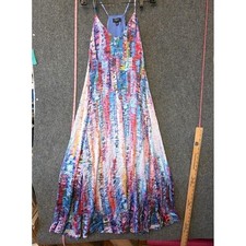 Tahari ASL Dress Womens M Multicolor Tie Dye Maxi Slip V Neck Pleated Lined