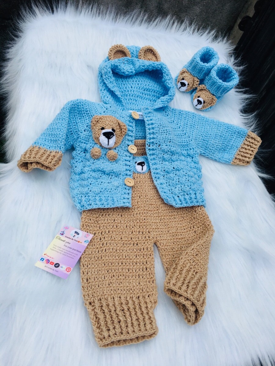 crochet 3-6 month baby boy outfit hoodie jacket romper booties boy
