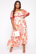 New Orange White Paisley POM POM Summer Holiday Bardot Maxi Dress Size 2XL 20-22