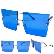 OVERSIZED EXAGGERATED RETRO SUNGLASSES Gold Rimless Frame Large Square Blue Lens