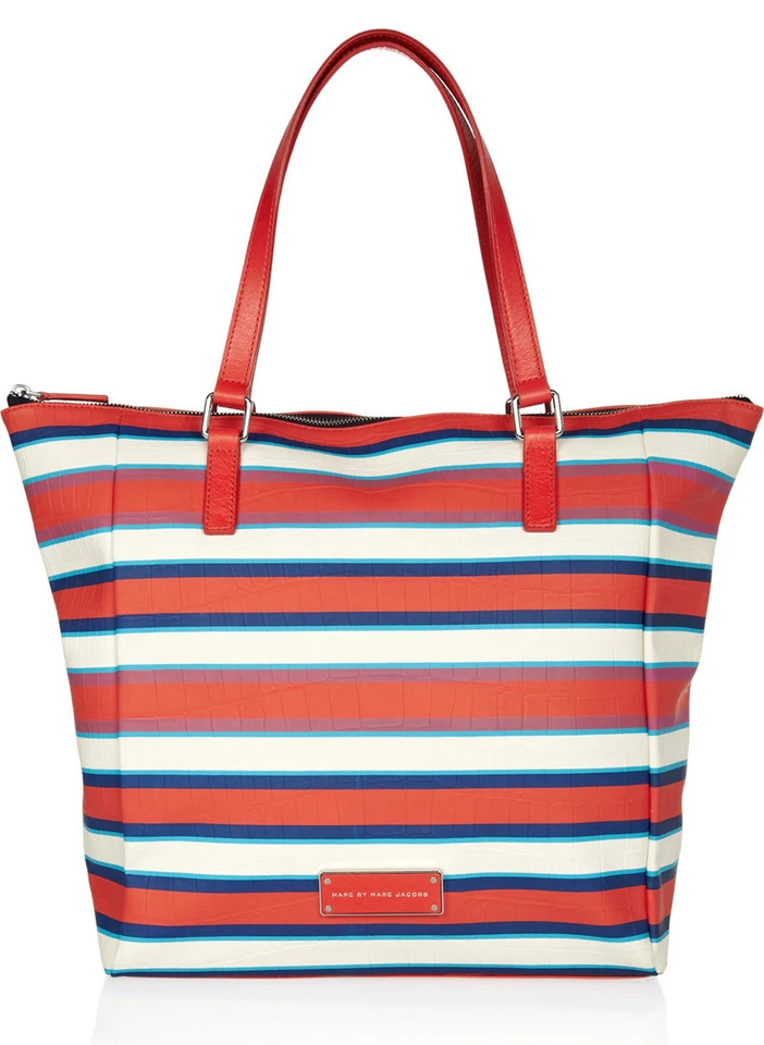 Bolso de Mano NUEVO CON ETIQUETAS MARC BY MARC JACOBS Take Me Jacobson Rojo Coral Rayas PVC/Cuero
