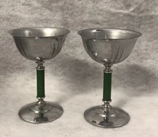 Bakelite Chrome Cocktail Cups Pair Green Stems Art Deco Machine Age