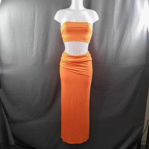 Fashion Nova 2 Piece Skirt Set Dress Medium Orange Knit Maxi Bodycon Resort NEW