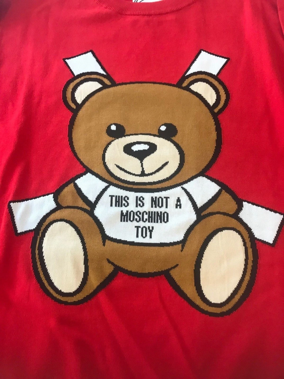 Abito intarsiato rosso SS17 $795 Moschino Couture Jeremy Scott orsacchiotto orsacchiotto SS17 $795