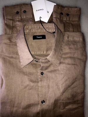 THEORY Fossil Linen Irving Engineered Button Front LS Shirt Size Large $250 