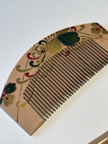 Set di spille per capelli vintage giapponesi Raden Pettine e Kogai in rilievo dorato con rosso + verde - Foto 4 di 13