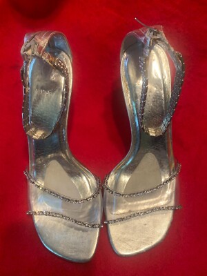 Valerie Stevens Lucite 2 Silver Rhinestones High Heels Ankle Strap Shoes US 7M