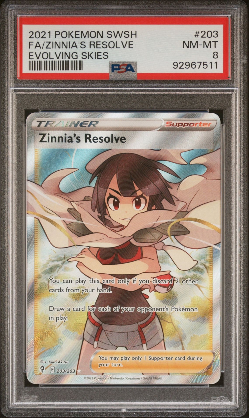 PSA 8 - Pokemon Card - Evolving Skies 203/203 - ZINNIA'S RESOLVE (holo) - NM-MT