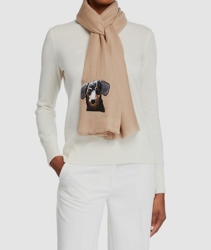 K Janavi Dog Face Embroidered Cashmere Scarf, Dark Natural, Women's