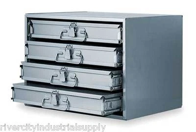 DURHAM METAL 24 HOLE STORAGE TRAY / CABINET AND SLIDE RACK WITH FOUR DRAWERS