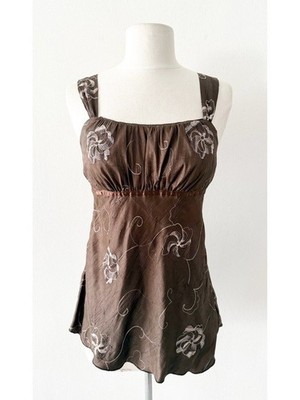 Vintage Y2K BCX Brown Floral Embroidered Babydoll Tank Top Size Small (S)
