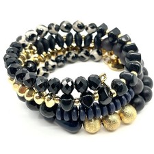 Vintage Boho Black Gold Multi-Strand Beaded Wrap Bracelet Mixed Texture Stack