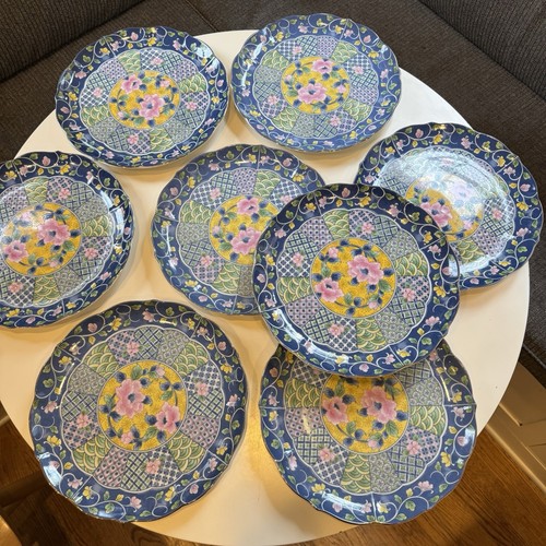 Set of 8 Gumps San Francisco Botan Pastel Imari Dinner Plates 10”
