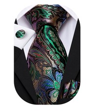 Hi-Tie Paisley Floral Green Ties Set for Men Silk Mens Stripes Medium,