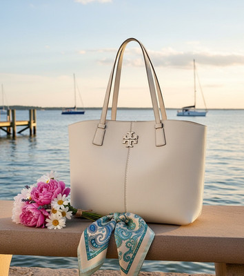 New Tory Burch McGraw Brie Cream Leather Large Carryall Shopper Tote Bag
