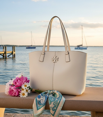 New Tory Burch McGraw Brie Cream Leather Large Carryall Shopper