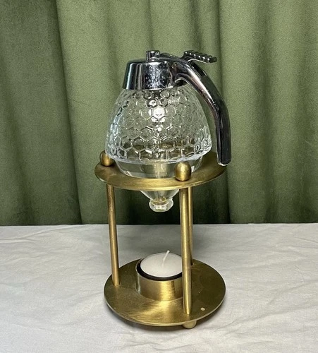 Vintage MCM Beehive Glass Honey Drip Trigger Dispenser W/ Brass Stand And Warmer