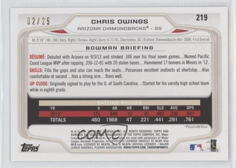 2014 Bowman Black /25 Chris Owings #219 Rookie RC - Image 2 of 2