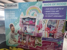 KidKraft Rainbow Dreamers Unicorn Mermaid Wooden Dollhouse 4’ Tall w/ 15 Accesso