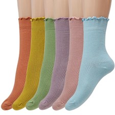 6 Pairs Women's Ruffle Socks - Frilly, Cute Turn-Cuff, Breathable Soft Mid-Ca...