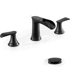 Black Waterfall Bathroom Faucet, Brass Widespread 3 Hole Vanity Faucet, 2 Han...