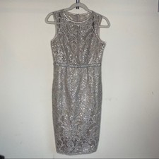Vince Camuto Lace Sequin Sleeveless Dress Gem Waist Band Beige Cream Size 2