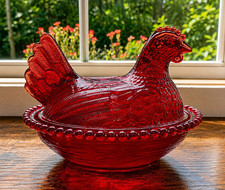 Vintage Indiana Glass Amberina 7" Hen On Nest
