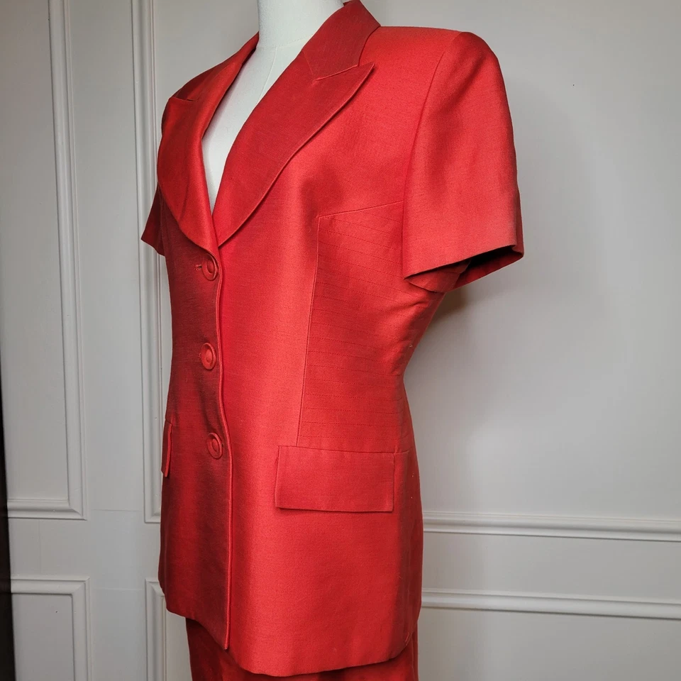 Traje Christian Dior Vintage Talla 14 Falda Manga Corta Chaqueta Rojo Algodón Seda Foto 3 de 4