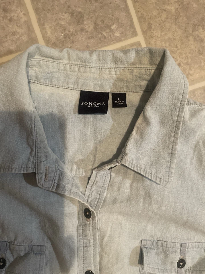 Camisa para mujer Sonoma sin mangas de mezclilla con botones azul lavado claro L bolsillo de algodón Foto 3 de 4