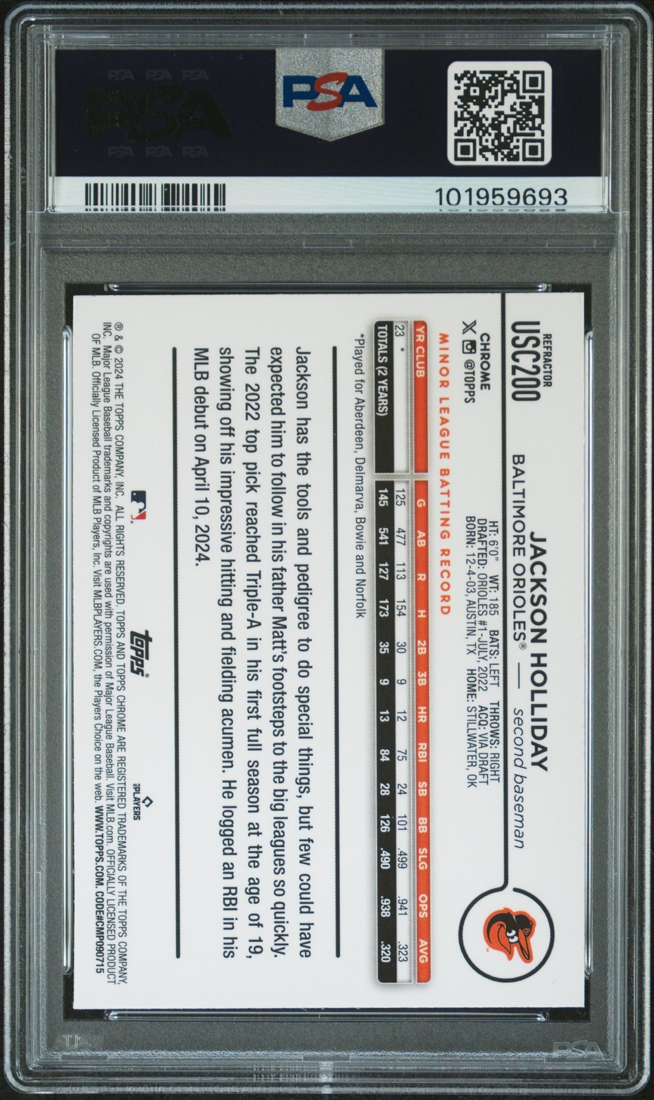 2024 Topps Chrome Update #USC200 Jackson Holliday Refractor PSA 9 view 2