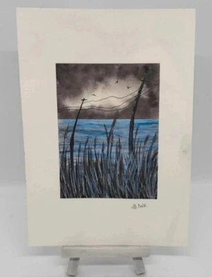Aquarelle originale signée 15x21 cm — Paysage marin & herbes folles - Photo 1/2