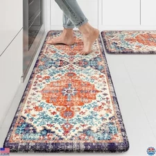 KIMODE Boho Vintage Anti-Fatigue Kitchen Mat Set - 2 Non-Slip Mats, 17"x47" &