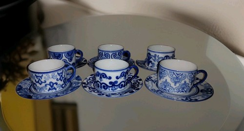 BOMBAY Company 6 Tea cups 6 Saucers Blue & White Porcelain Beautiful Designs - Picture 14 of 18