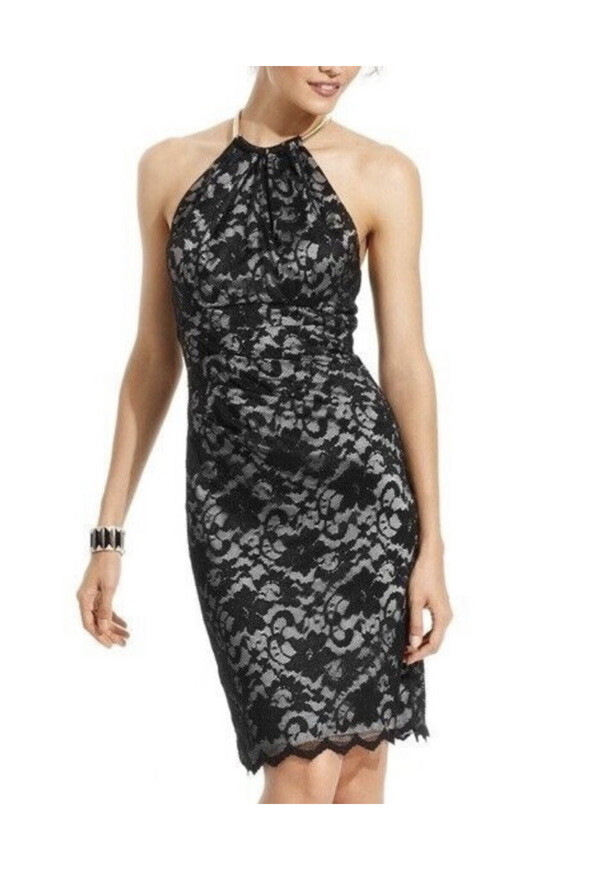 Eliza J Black Lace Dress with Gold Metal Halter Necklace - Size 14 | eBay