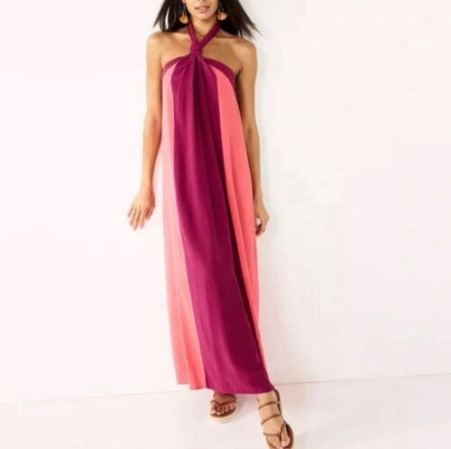 Nine West Colorblock Coral Burgundy Halter Summer Beach Maxi Dress Women's XL - Picture 2 of 16
