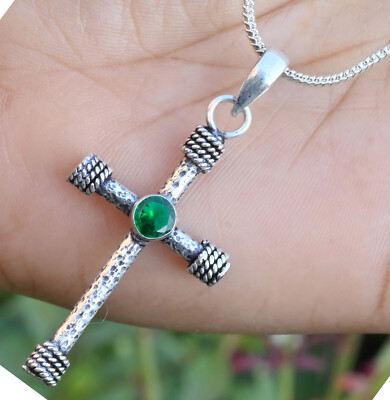 Chrome Diopside Gemstone Cross 925 Sterling Silver Pendant For Men's & Women's