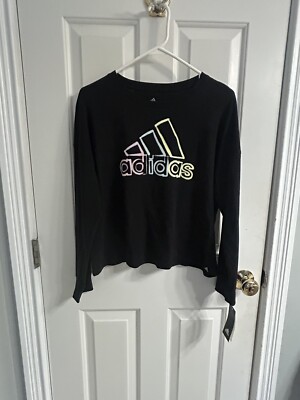 NWT-Girls Adidas Black Loose Fit Long Sleeve Graphic Shirt-Size - Main Image