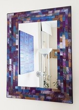 Specchio da parete mosaico rettangolare viola e blu fatto a mano a Bali 40 cm NUOVO