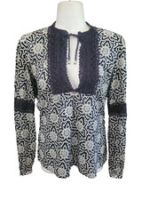 Tory Burch Navy Abstract FlorL Print Crochet Cotton Caftan Tunic Top Size 2