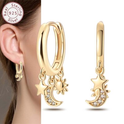 KUNSIR 925 Sterling Silver Gold Star & Moon Drop Earrings Women Jewelry Gifts