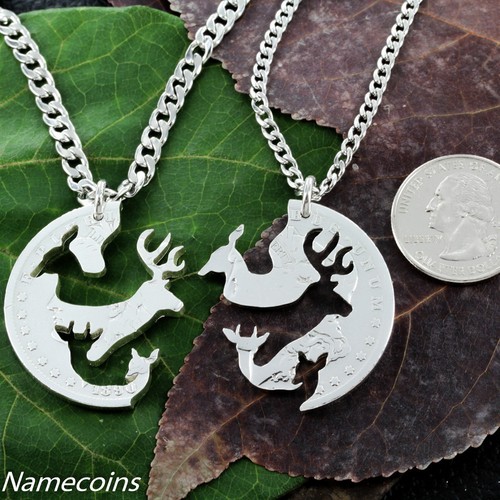 Buck and Doe Couples Necklaces, fawn and spike deer, Interlocking handmade - Picture 3 of 4